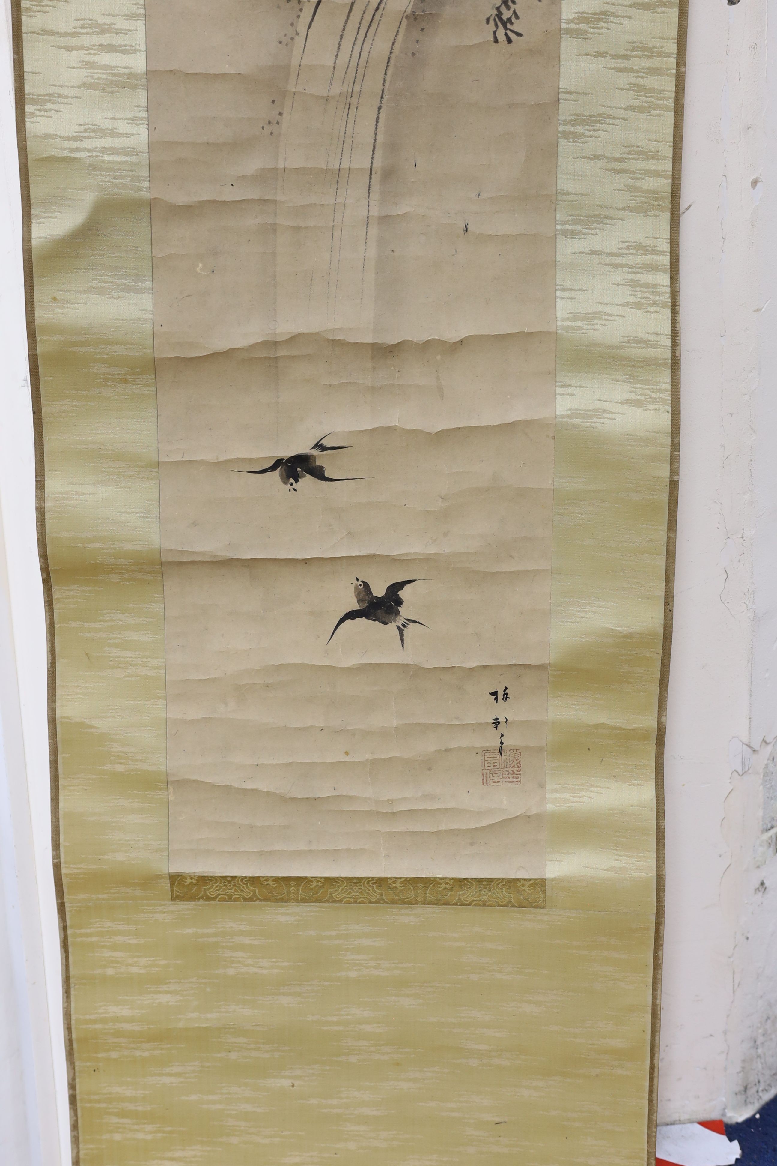 A quantity of various scrolls (faded pink, unreadable), and two Japanese studio ceramic pots, tallest 12cm.
